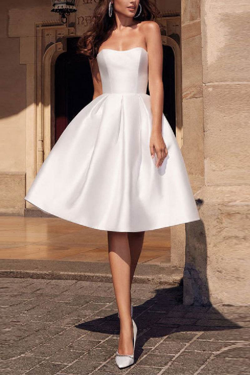 A-Line Knee Length Satin Little White Dress 100053 - COCOMELODY